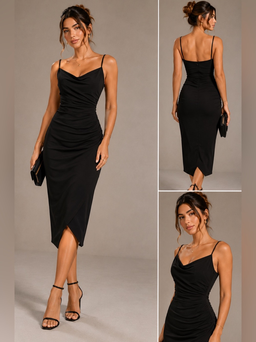 Laundry by Shelli Segal Black Cowl Neck Ruched Asymmetrical Midi Dress 8 NWOT